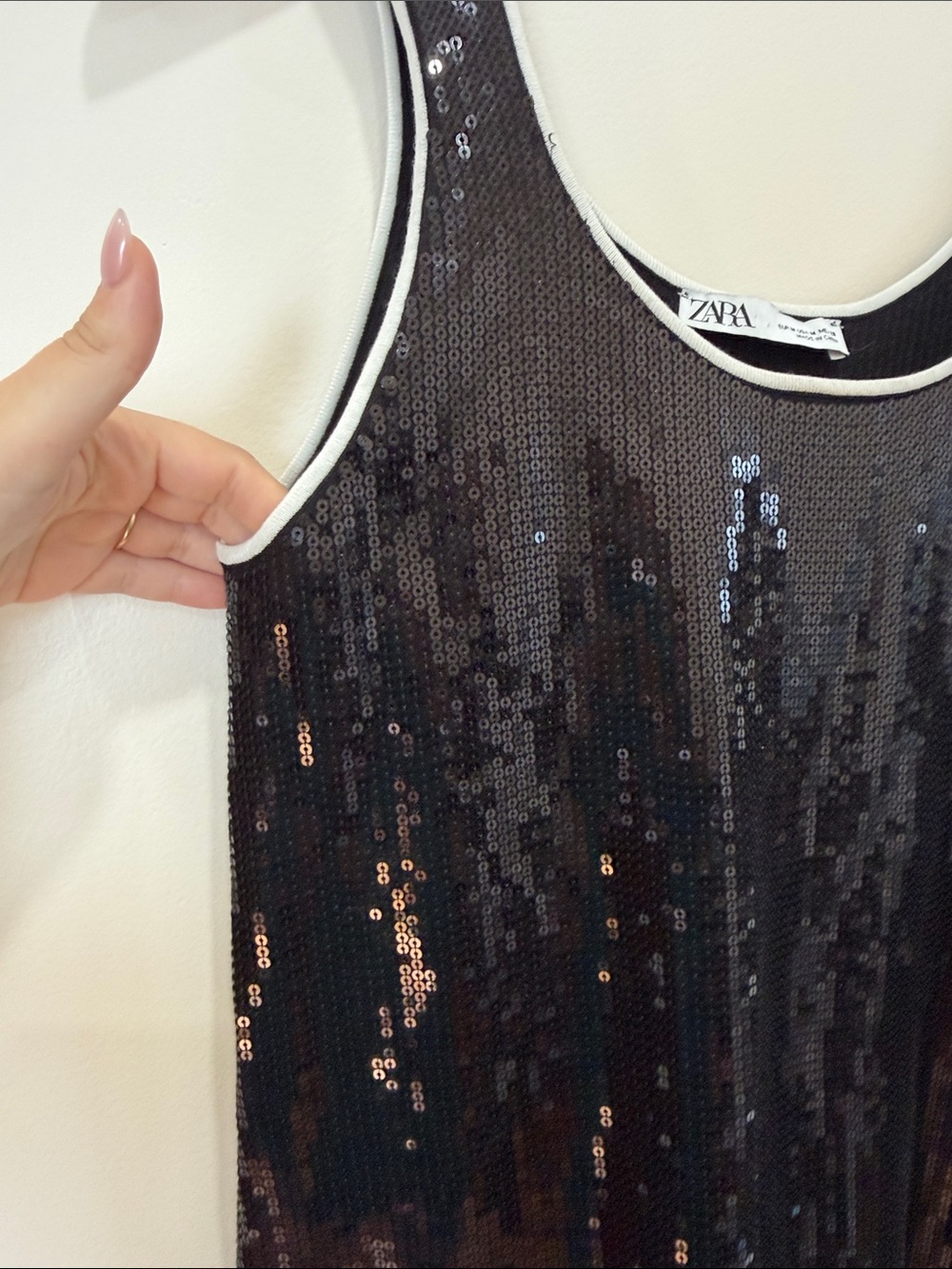 Zara Black Sequin Tank Mini Dress with White Trim - Picture 6 of 11